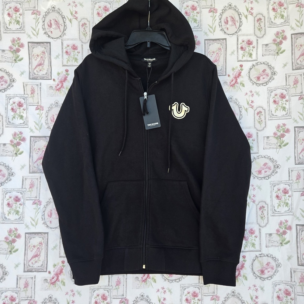 True Religion Men's Large Black Core Full Zip Hoodie Buddha Graphic Logo Fleece